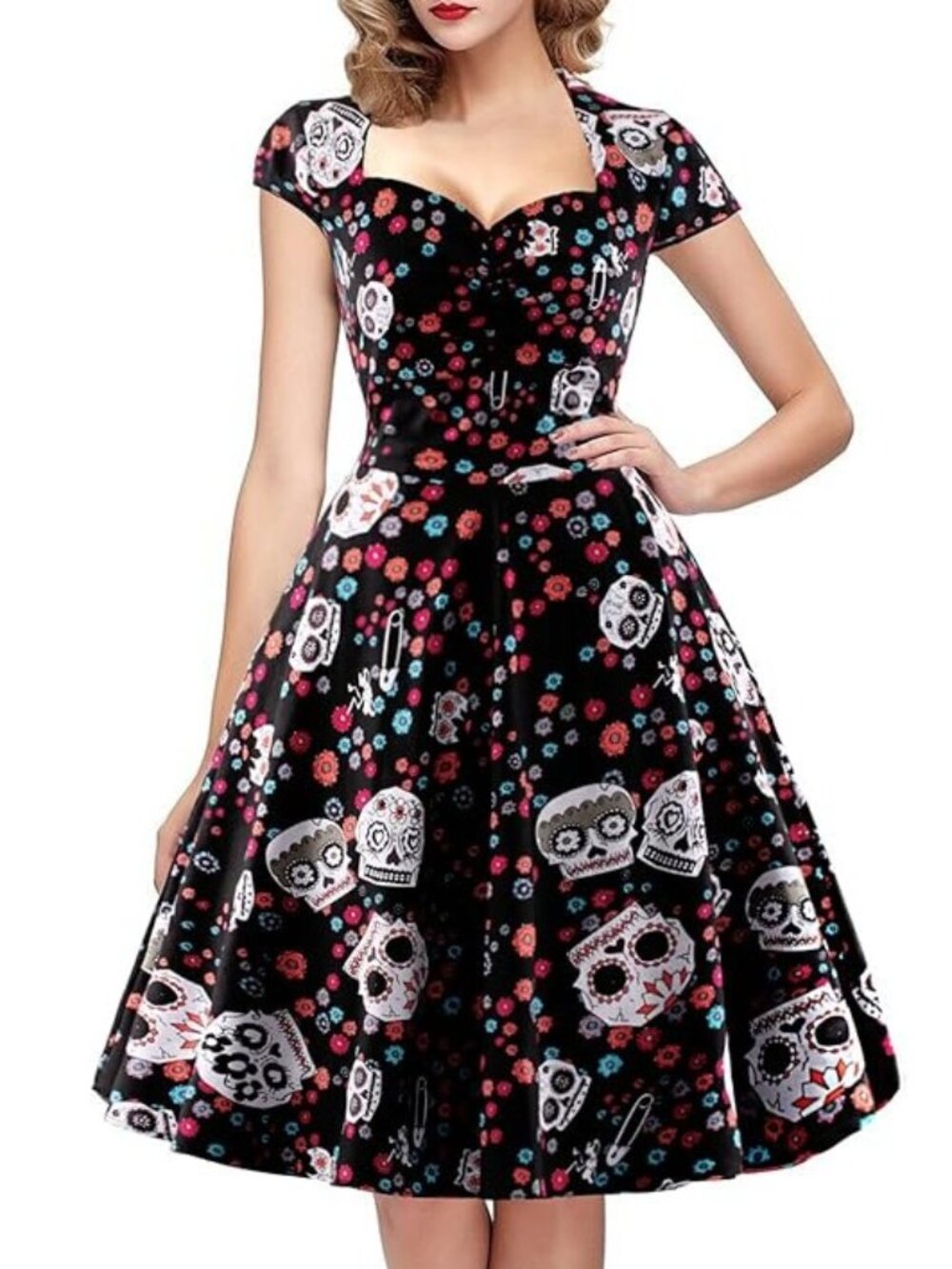 OTEN Women's floral Sugar Skull Swing Retro Rockabilly Dress Cap Sleeve  M